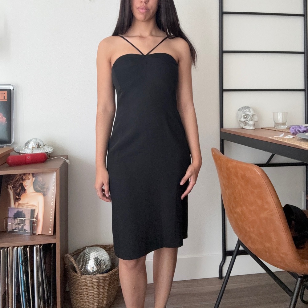 Ann Taylor LOFT Black Cross Strap Pintuck Midi Sheath Dress Size 6 LBD